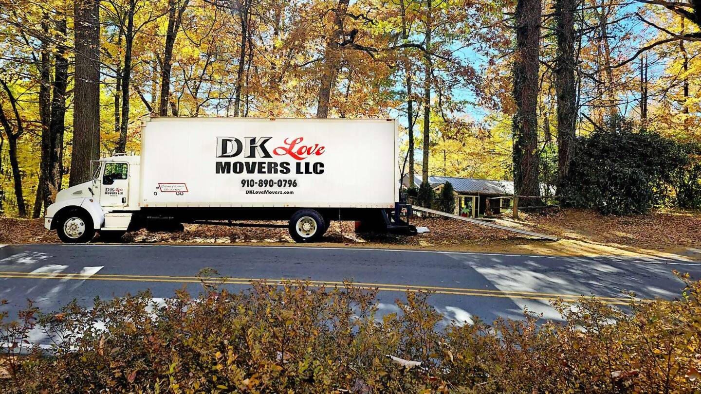 DK Love Movers box truck parked at a customer’s home in Harnett County, North Carolina